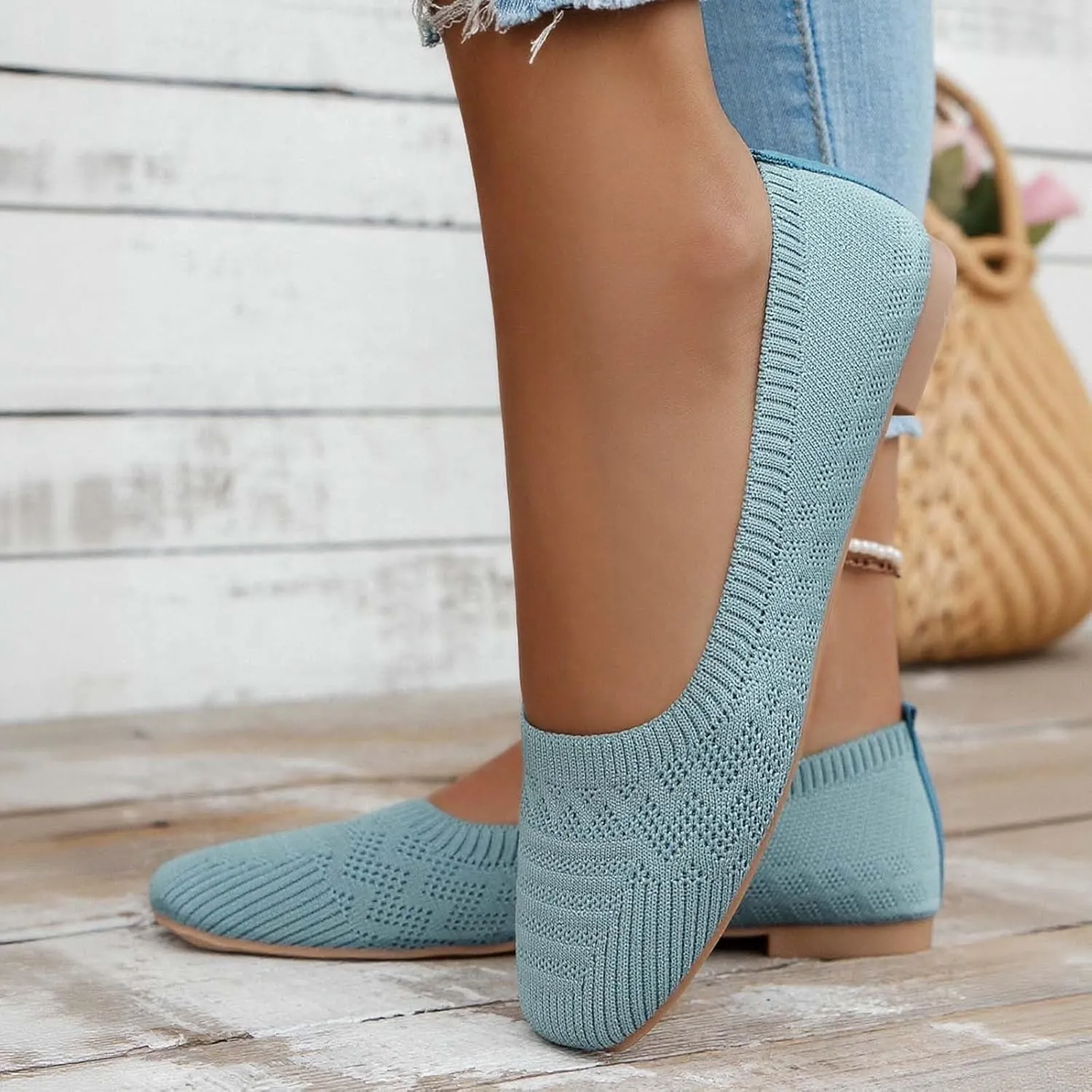 Women's Casual Flat Shoes Breathable Knit Slip On Comfortable Ballet for Daily Wear Spring Summer