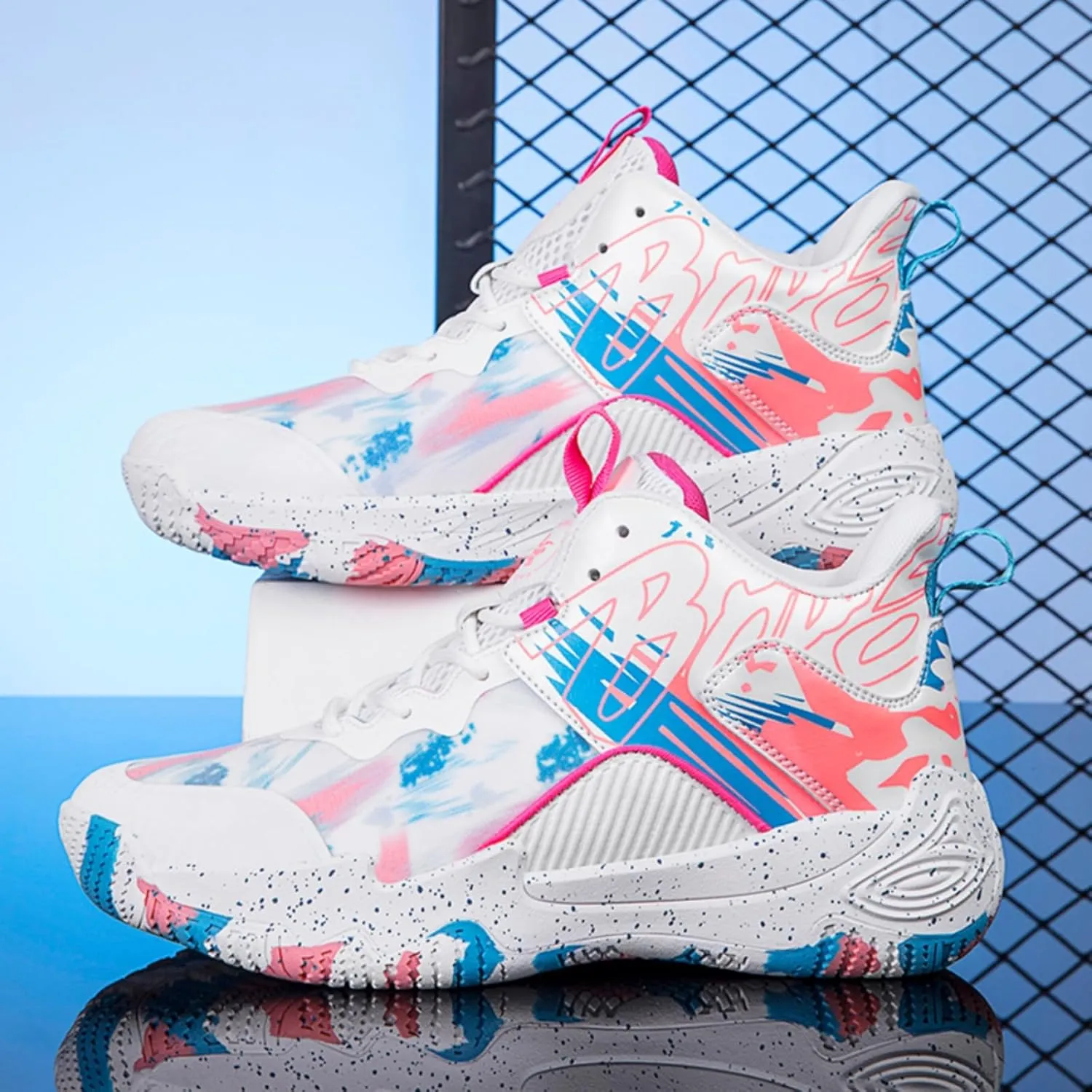 Womens Fashion Pattern Lace Up High Top Basketball Shoes Breathable Non Slip Outdoor Sneakers Cushioning Workout Shoes for Fitness Training Athletic