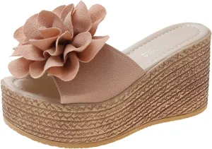 Women's Floral Open Toe Platform Wedges Sandals Classic Slip-on High Heel Open Round Toe Dress Slippers Causal Wide Width Outdoor Espadrilles Beach Shoes