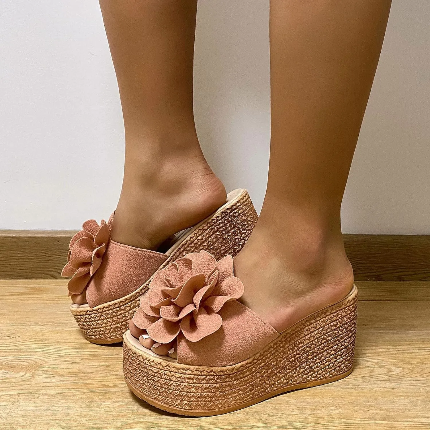 Women's Floral Open Toe Platform Wedges Sandals Classic Slip-on High Heel Open Round Toe Dress Slippers Causal Wide Width Outdoor Espadrilles Beach Shoes