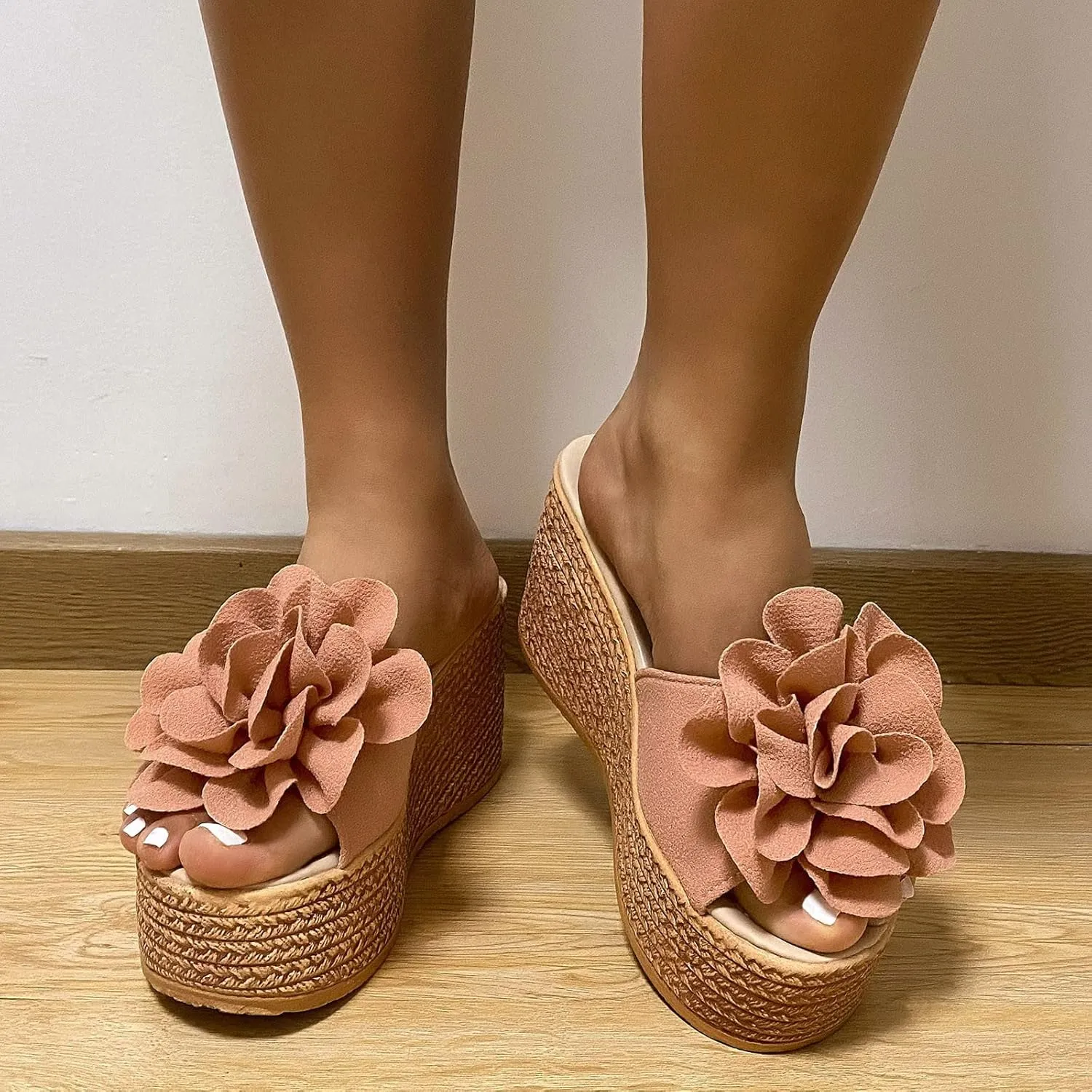Women's Floral Open Toe Platform Wedges Sandals Classic Slip-on High Heel Open Round Toe Dress Slippers Causal Wide Width Outdoor Espadrilles Beach Shoes