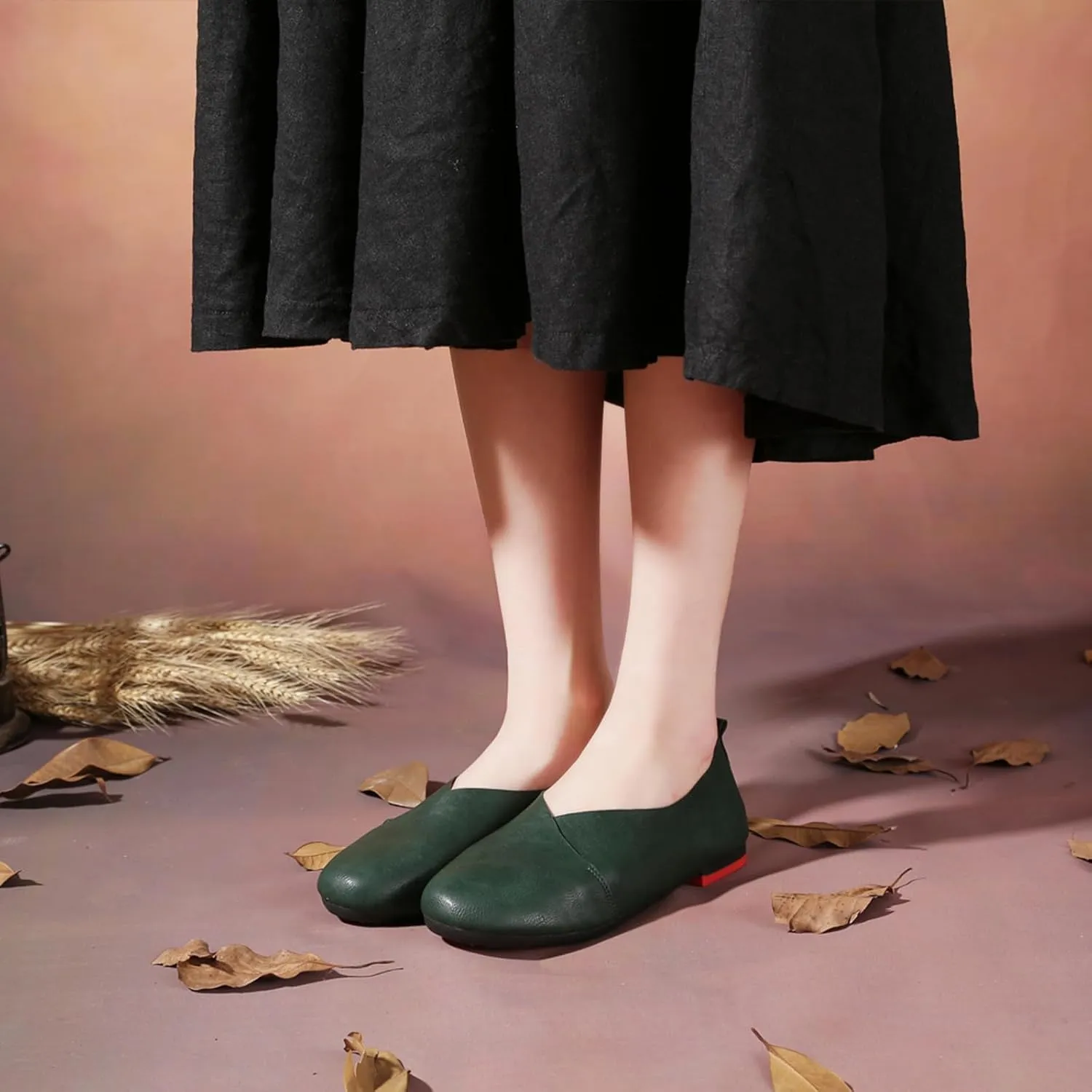 Women's Handmade Soft Leather Loafers,Round Toe Slip On Vintage Shallow Mouth Comfortable Soft Bottom Walking Driving Flats Shoes Owlkay Shoes
