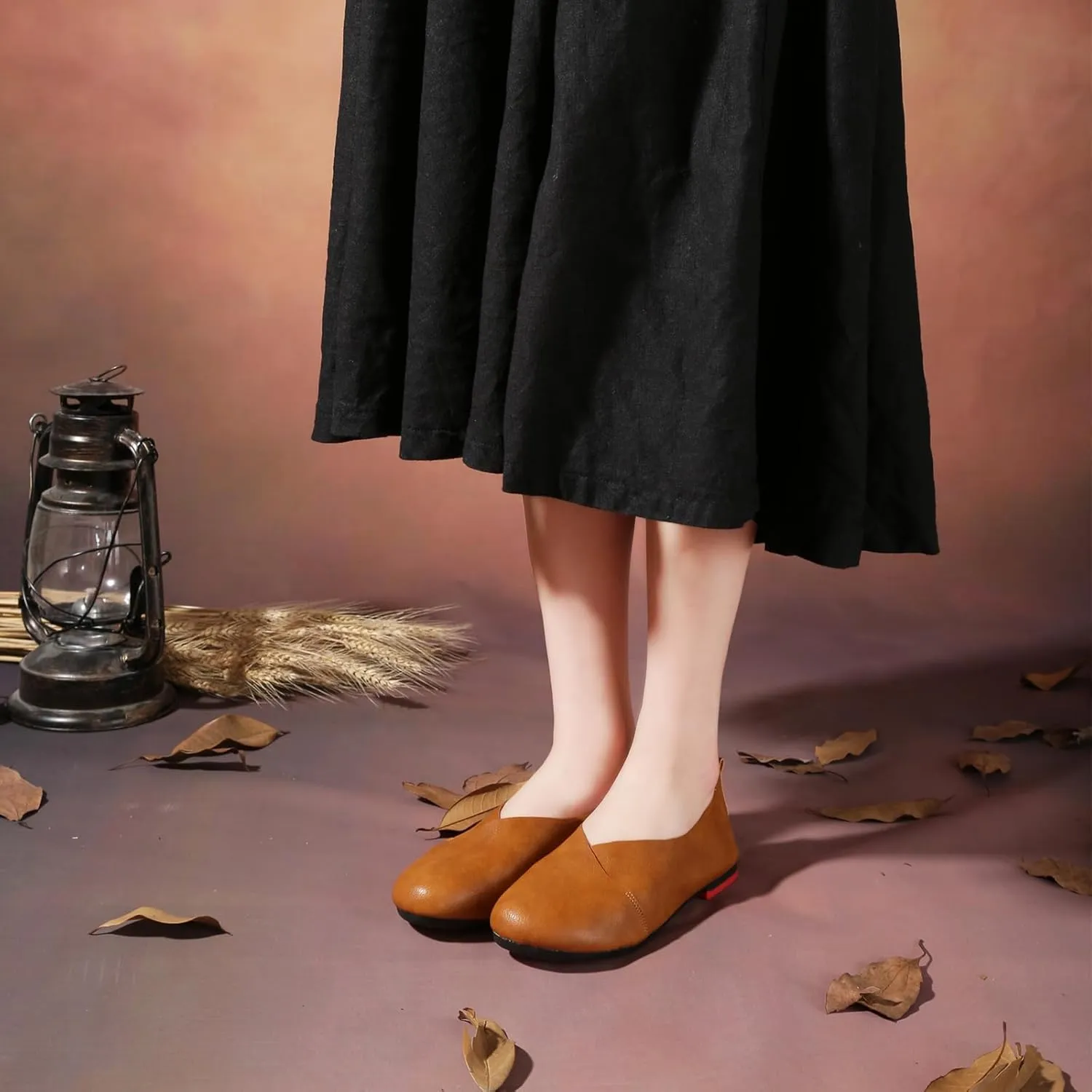 Women's Handmade Soft Leather Loafers,Round Toe Slip On Vintage Shallow Mouth Comfortable Soft Bottom Walking Driving Flats Shoes Owlkay Shoes