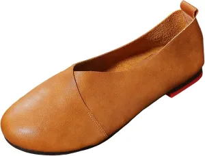Women's Handmade Soft Leather Loafers,Round Toe Slip On Vintage Shallow Mouth Comfortable Soft Bottom Walking Driving Flats Shoes Owlkay Shoes