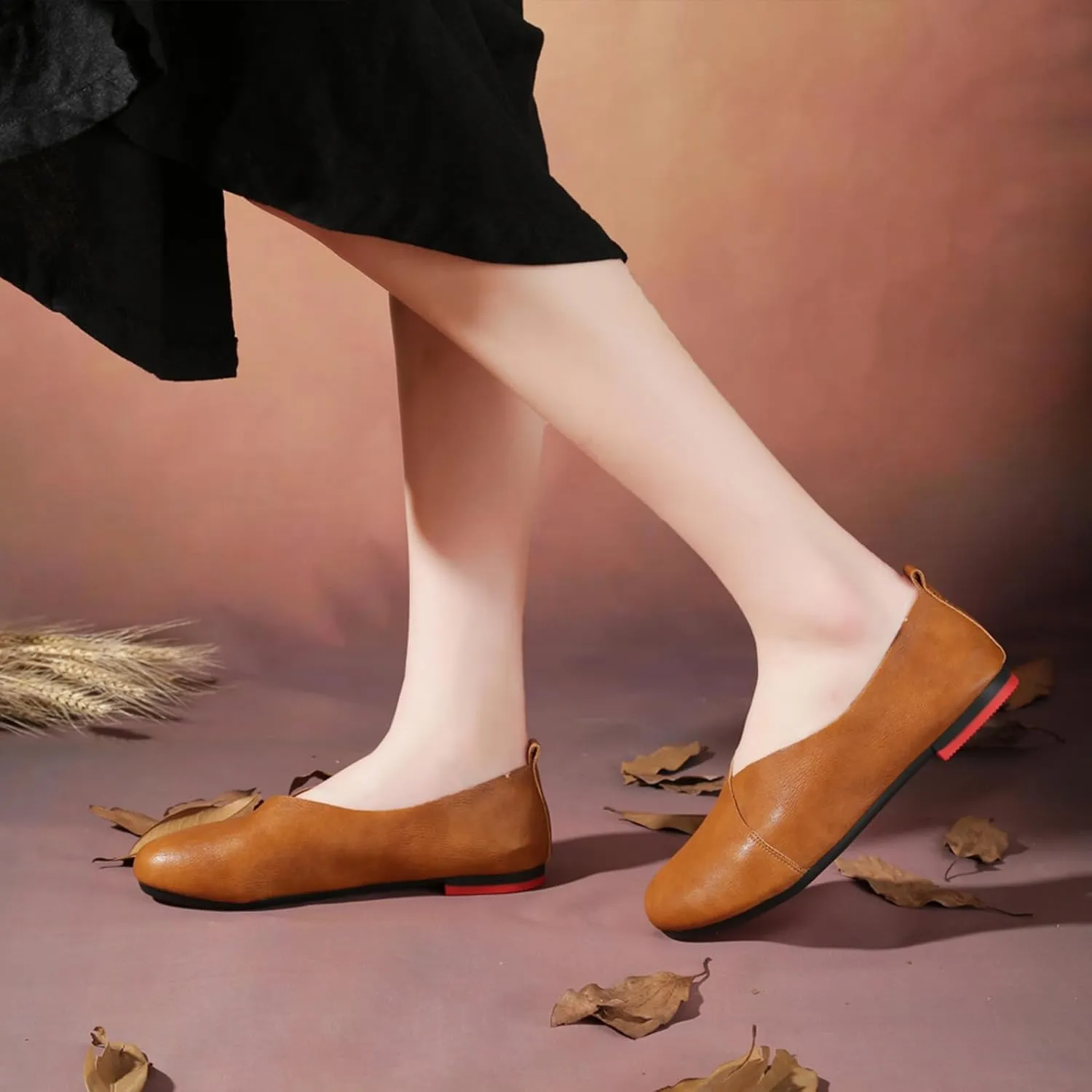 Women's Handmade Soft Leather Loafers,Round Toe Slip On Vintage Shallow Mouth Comfortable Soft Bottom Walking Driving Flats Shoes Owlkay Shoes