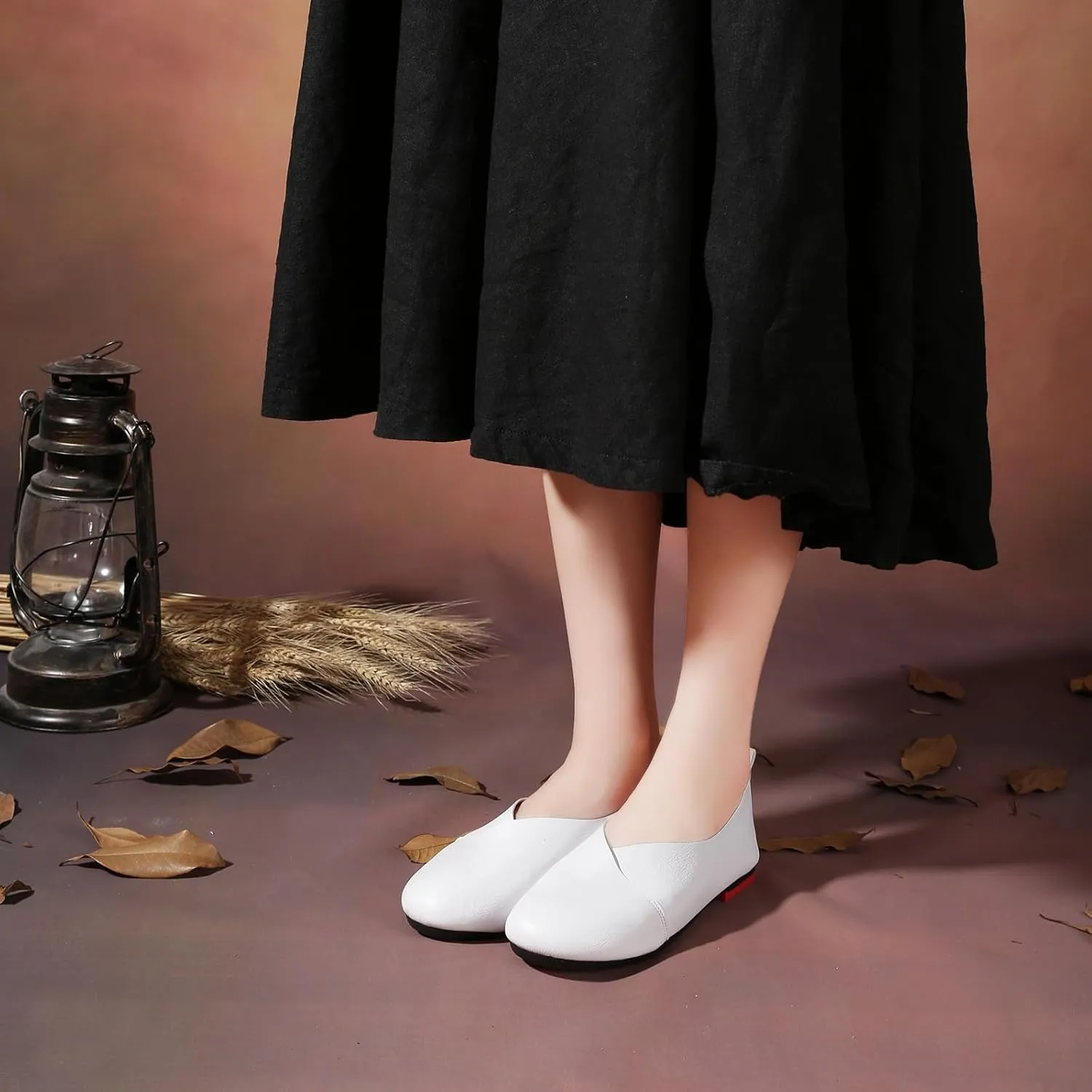 Women's Handmade Soft Leather Loafers,Round Toe Slip On Vintage Shallow Mouth Comfortable Soft Bottom Walking Driving Flats Shoes Owlkay Shoes
