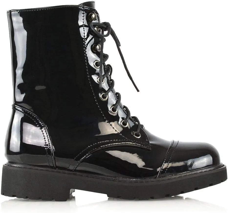 Womens Lace Up Ankle Boots Chunky Grip Sole Ladies Winter Retro Combat Goth Biker Militarty Army Shoes Booties