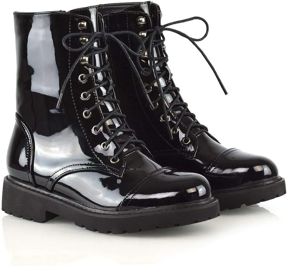 Womens Lace Up Ankle Boots Chunky Grip Sole Ladies Winter Retro Combat Goth Biker Militarty Army Shoes Booties