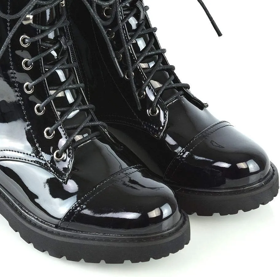 Womens Lace Up Ankle Boots Chunky Grip Sole Ladies Winter Retro Combat Goth Biker Militarty Army Shoes Booties