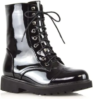 Womens Lace Up Ankle Boots Chunky Grip Sole Ladies Winter Retro Combat Goth Biker Militarty Army Shoes Booties
