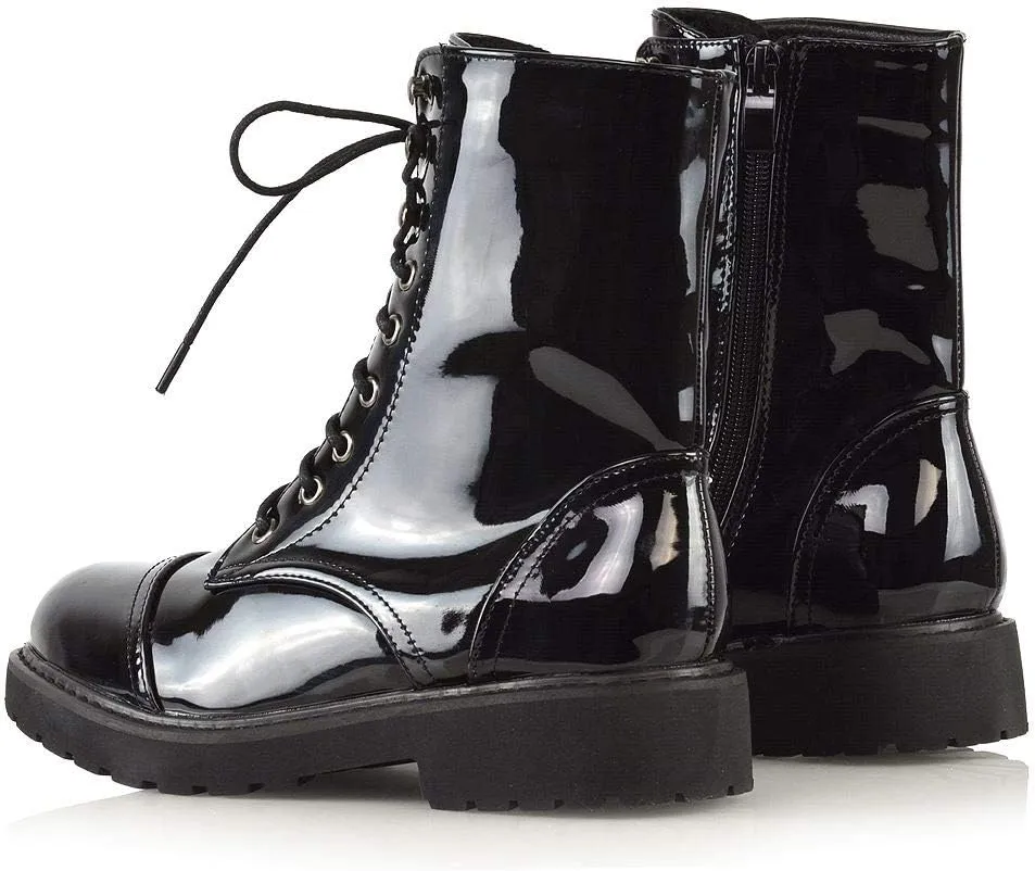 Womens Lace Up Ankle Boots Chunky Grip Sole Ladies Winter Retro Combat Goth Biker Militarty Army Shoes Booties