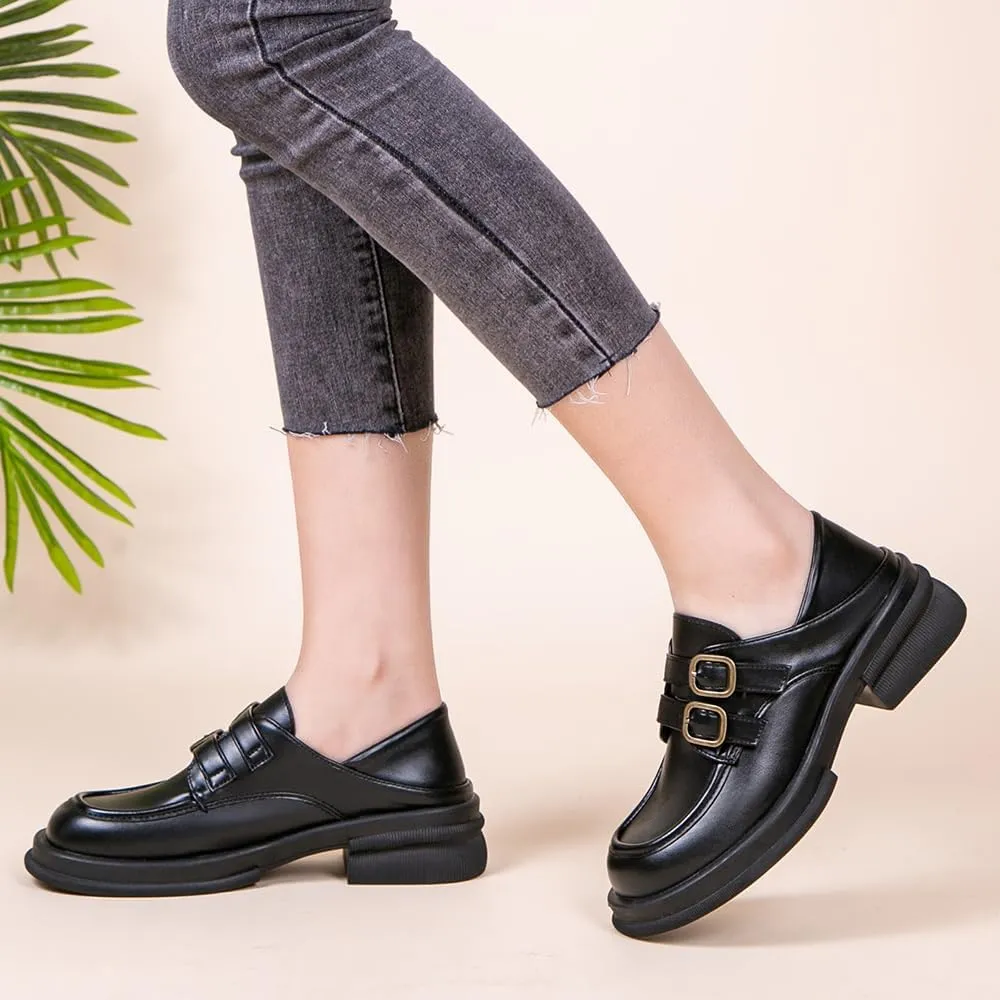 Women's Platform Loafers Chunky Heel Slide Slippers Soft Leather Business Shoes