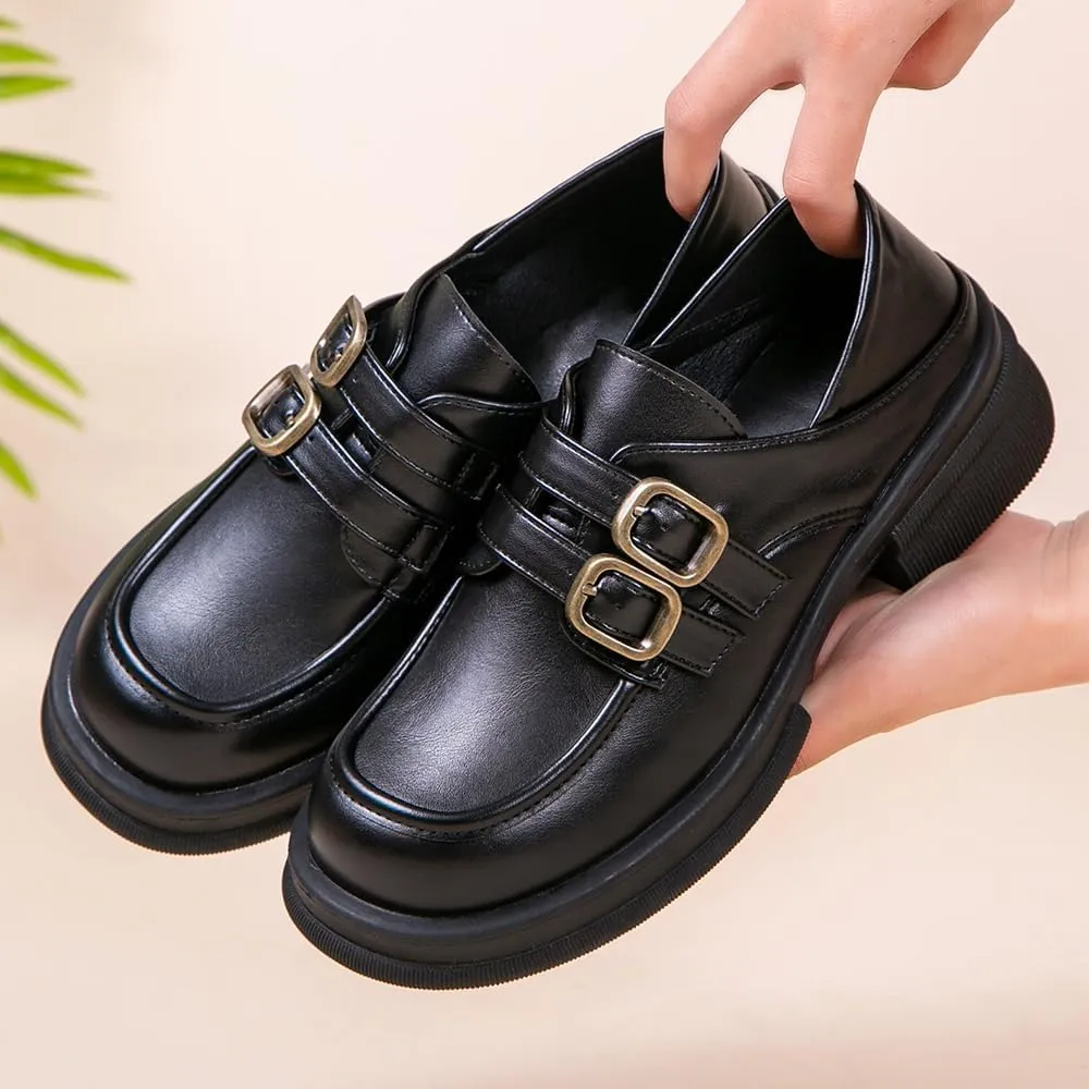 Women's Platform Loafers Chunky Heel Slide Slippers Soft Leather Business Shoes