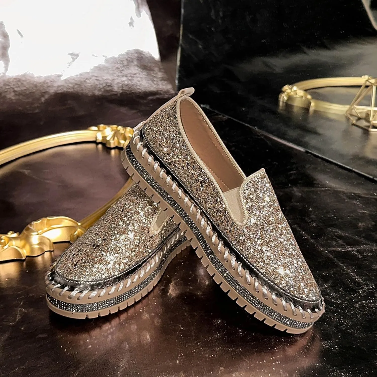 Women's Platform Shoes Slip On Rhinestone Sneakers