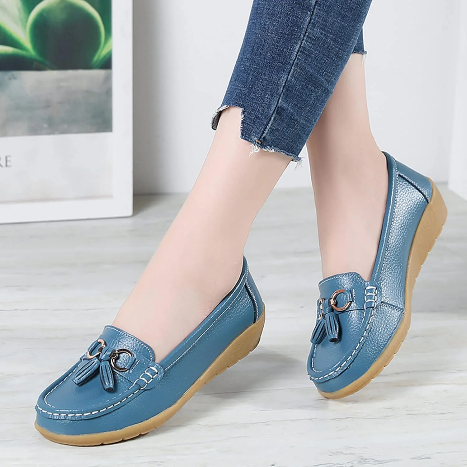 Women’s Slip-on Loafers Womens Walking Flat Loafer Slip On Leather Loafer Comfortable Flat Shoes Outdoor Driving Shoes