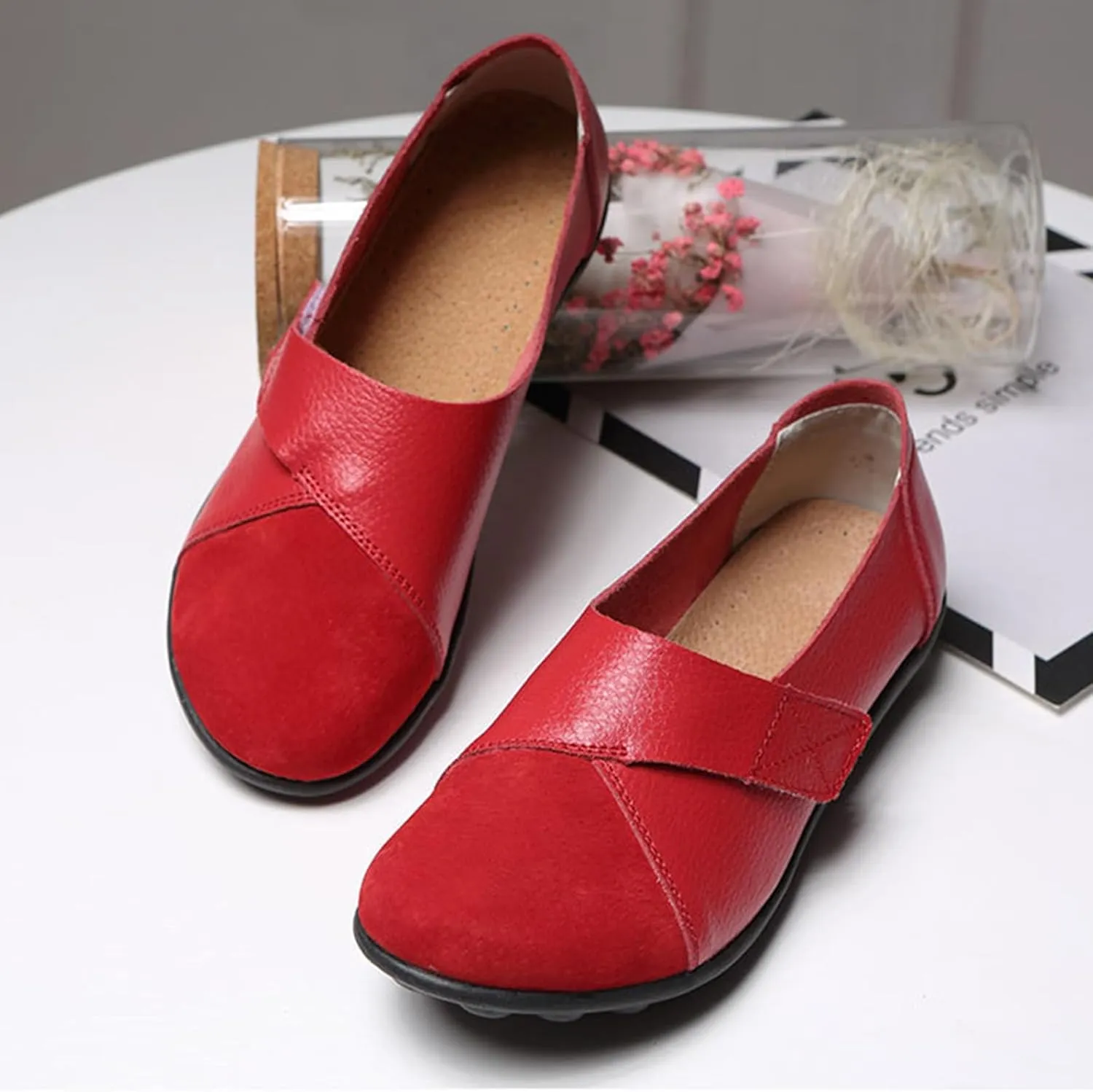 Women's Soft Leather Casual Slip On Flat Loafers Round Toe Adjustable Hook and Loop Comfort Walking Driving Shoes