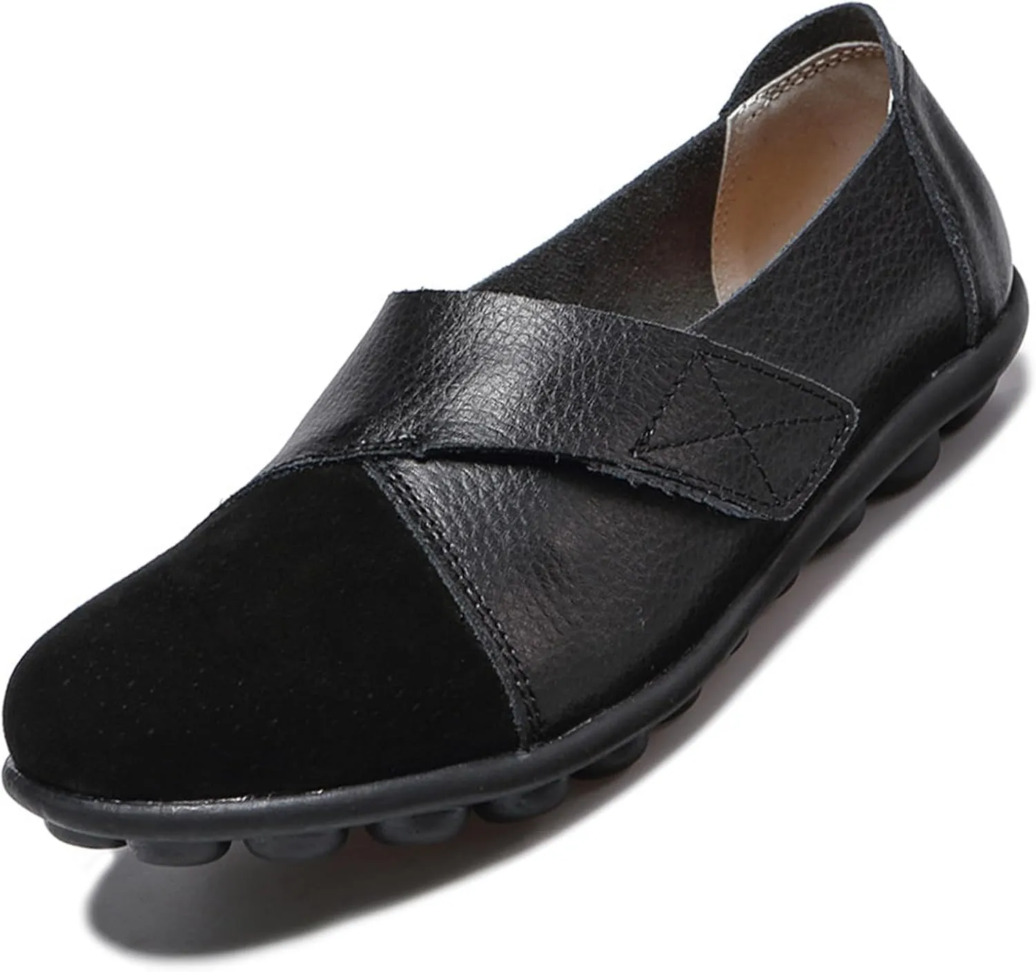 Women's Soft Leather Casual Slip On Flat Loafers Round Toe Adjustable Hook and Loop Comfort Walking Driving Shoes
