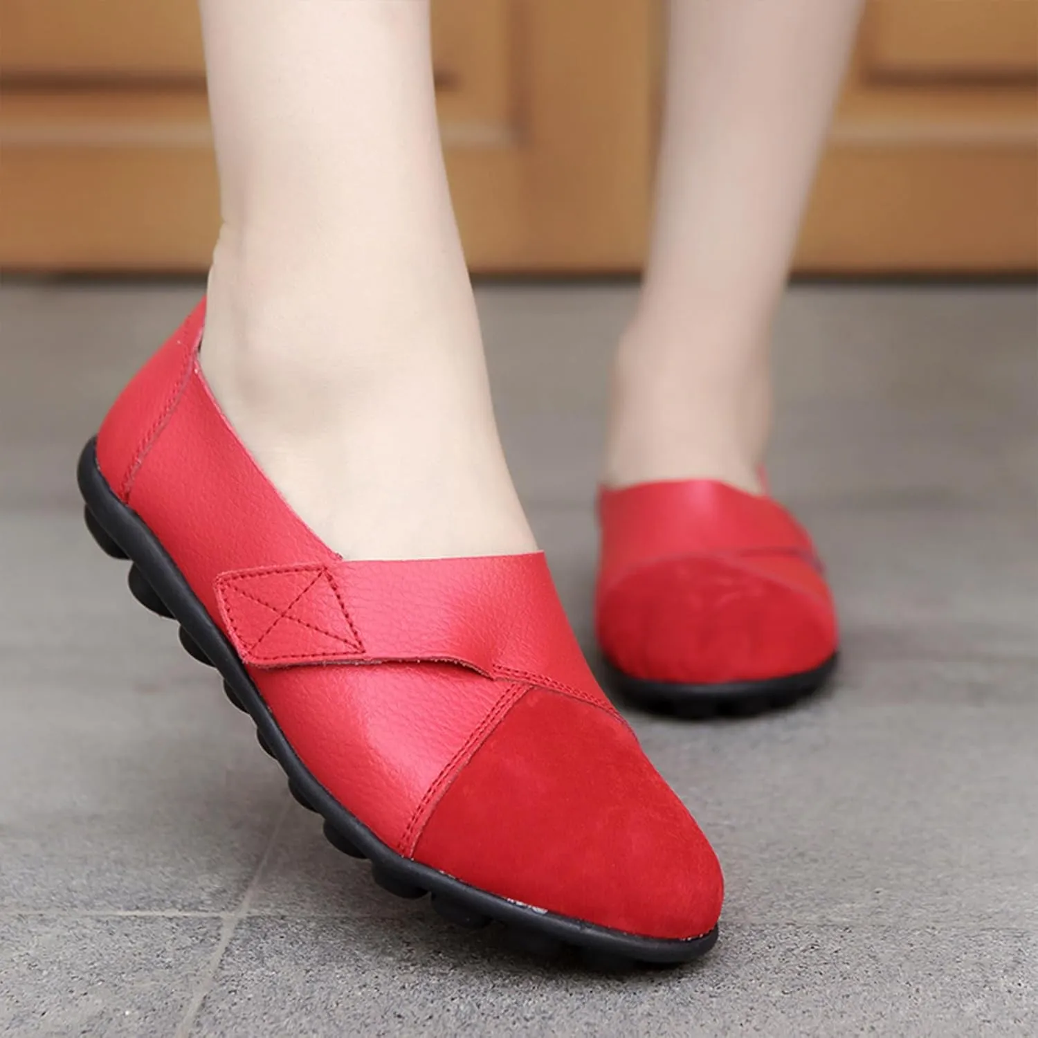 Women's Soft Leather Casual Slip On Flat Loafers Round Toe Adjustable Hook and Loop Comfort Walking Driving Shoes