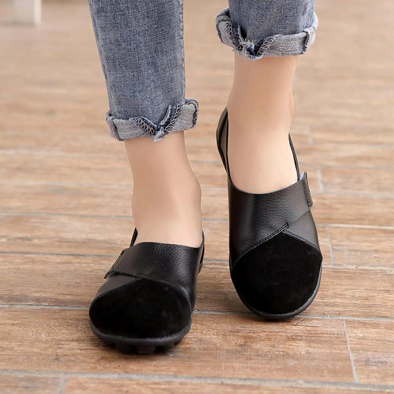 Women's Soft Leather Casual Slip On Flat Loafers Round Toe Adjustable Hook and Loop Comfort Walking Driving Shoes