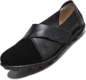 Women's Soft Leather Casual Slip On Flat Loafers Round Toe Adjustable Hook and Loop Comfort Walking Driving Shoes