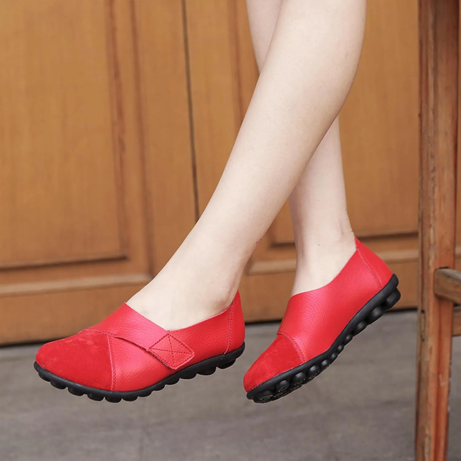 Women's Soft Leather Casual Slip On Flat Loafers Round Toe Adjustable Hook and Loop Comfort Walking Driving Shoes