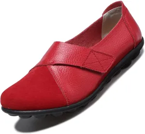 Women's Soft Leather Casual Slip On Flat Loafers Round Toe Adjustable Hook and Loop Comfort Walking Driving Shoes