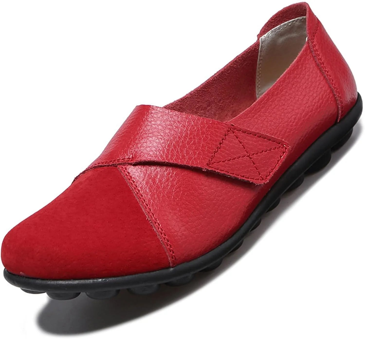 Women's Soft Leather Casual Slip On Flat Loafers Round Toe Adjustable Hook and Loop Comfort Walking Driving Shoes