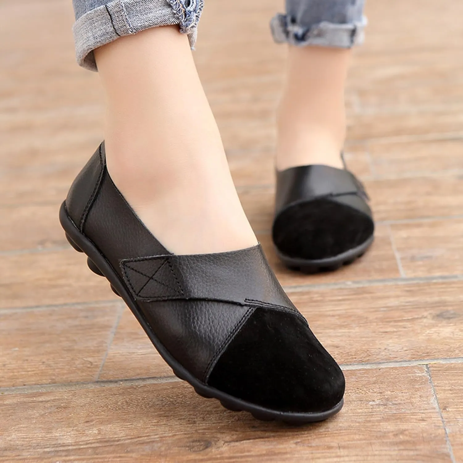 Women's Soft Leather Casual Slip On Flat Loafers Round Toe Adjustable Hook and Loop Comfort Walking Driving Shoes