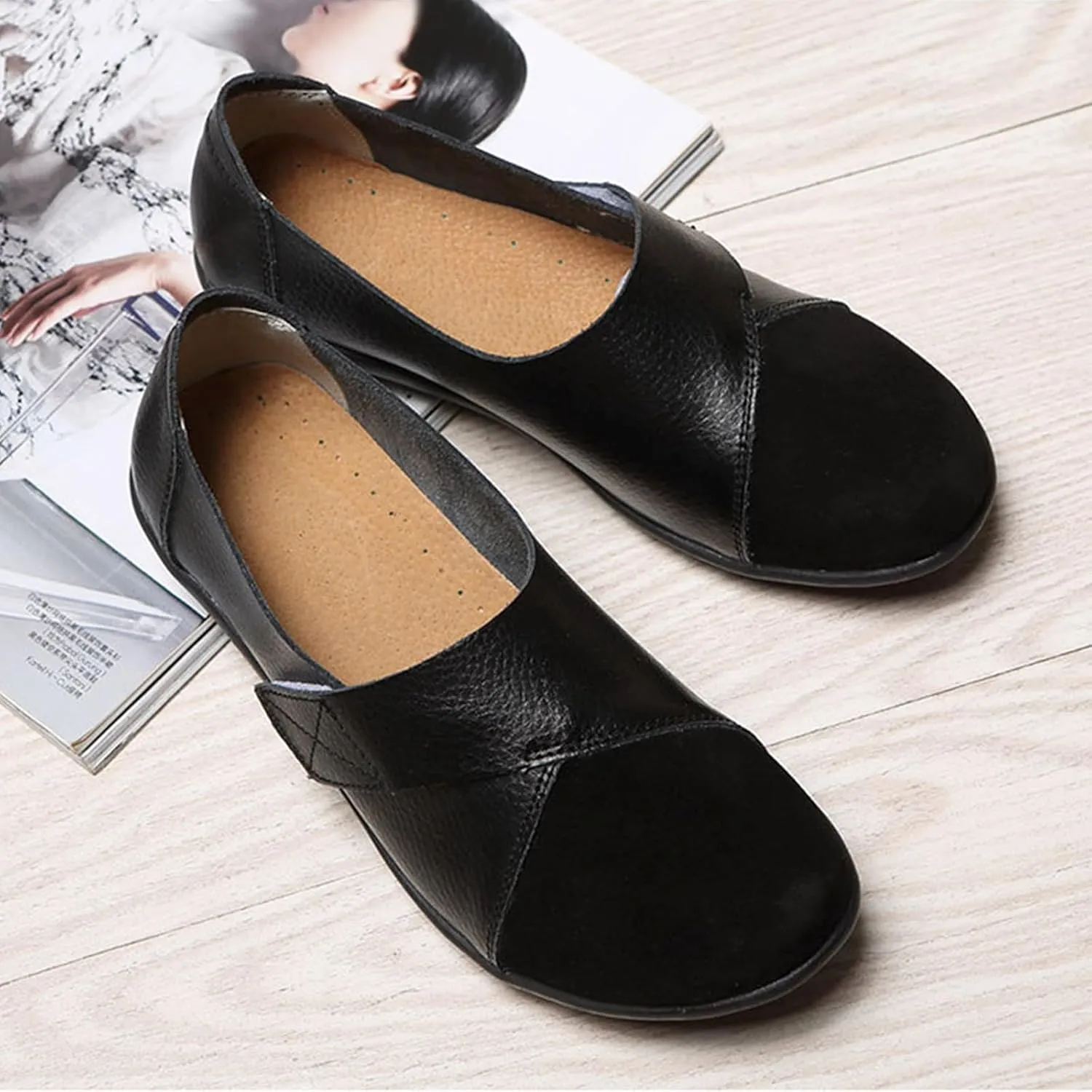 Women's Soft Leather Casual Slip On Flat Loafers Round Toe Adjustable Hook and Loop Comfort Walking Driving Shoes