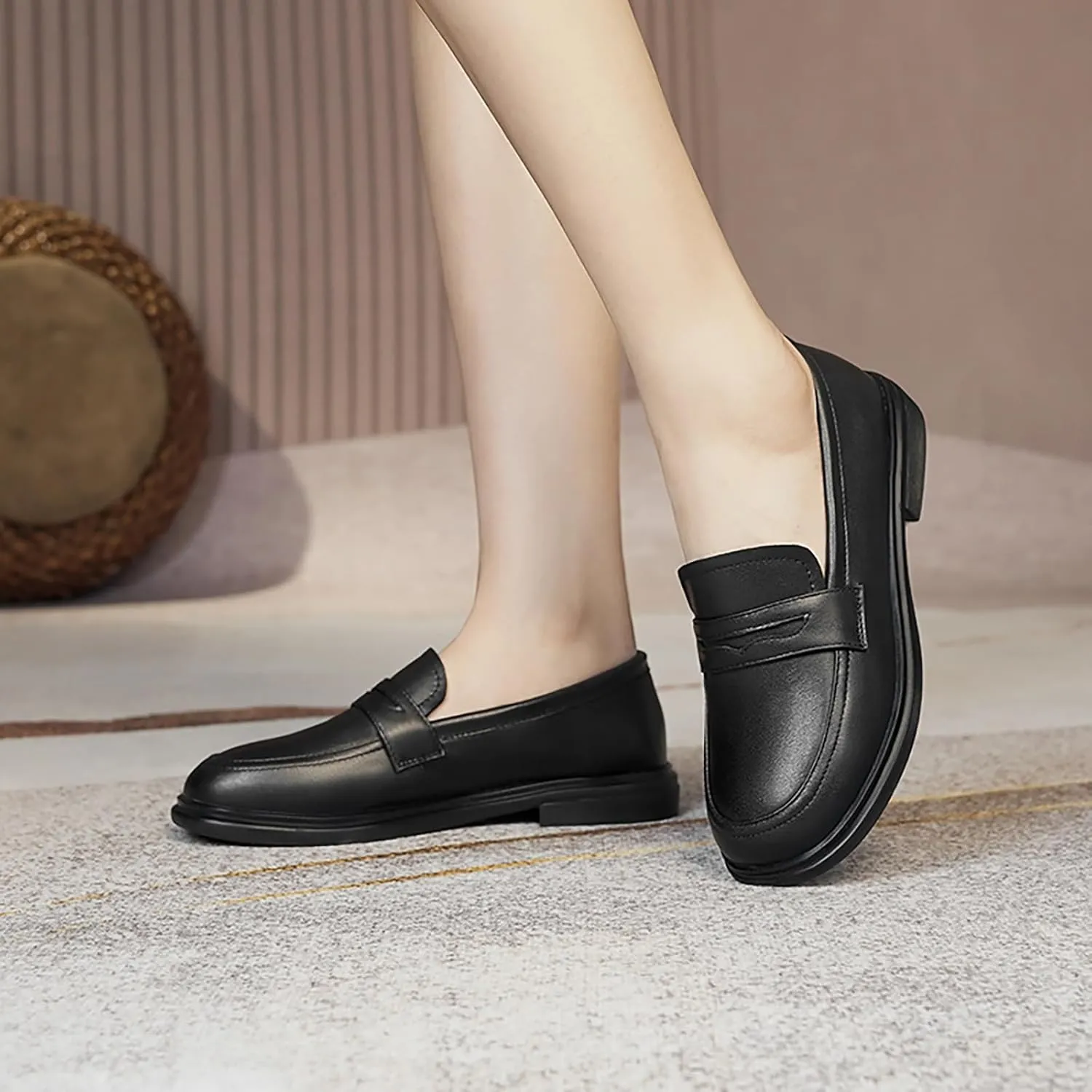 Women's Soft Leather Round Toe Flat Penny Loafers Slip-On Casual Comfortable Low Chunky Heel Work Office Dress Shoes