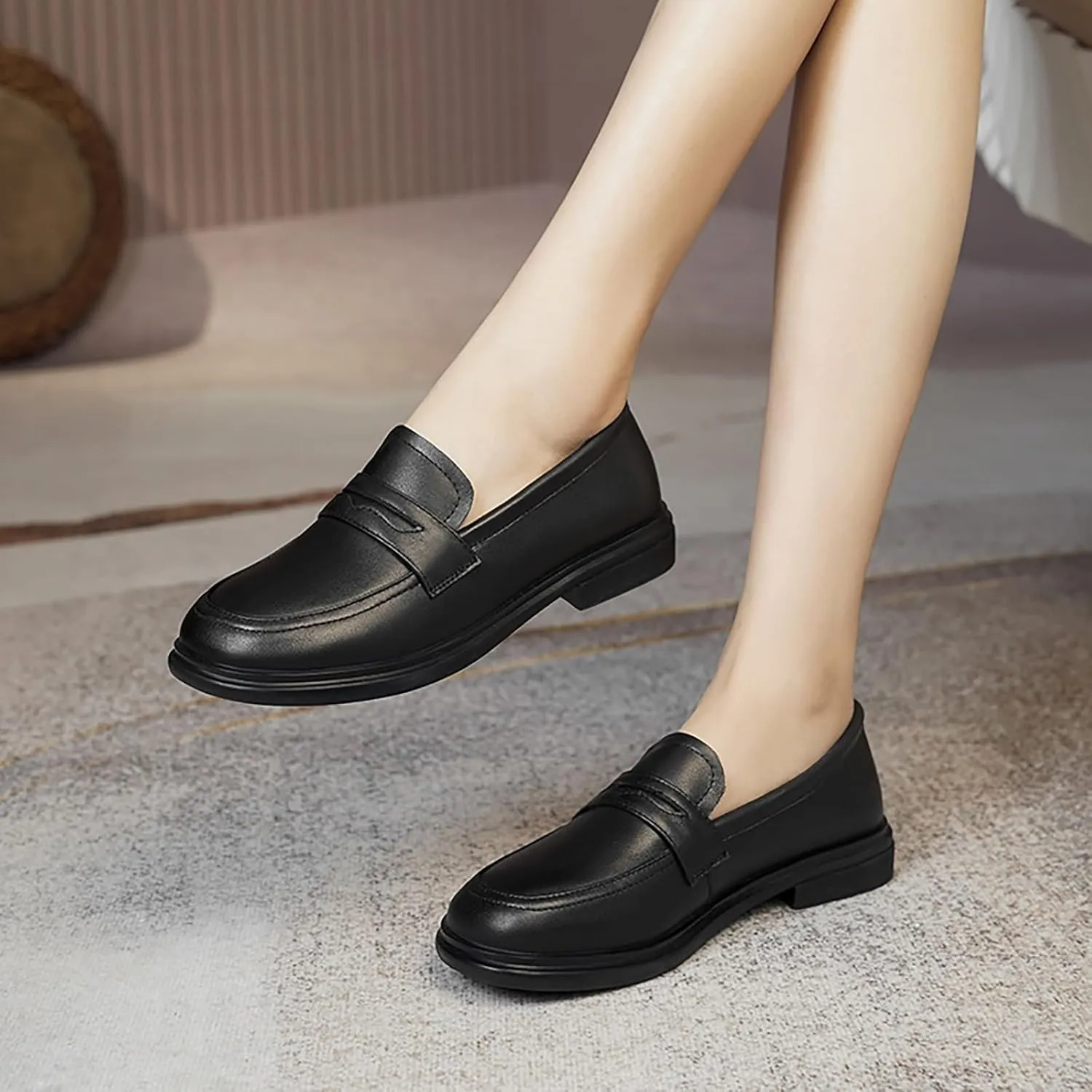 Women's Soft Leather Round Toe Flat Penny Loafers Slip-On Casual Comfortable Low Chunky Heel Work Office Dress Shoes