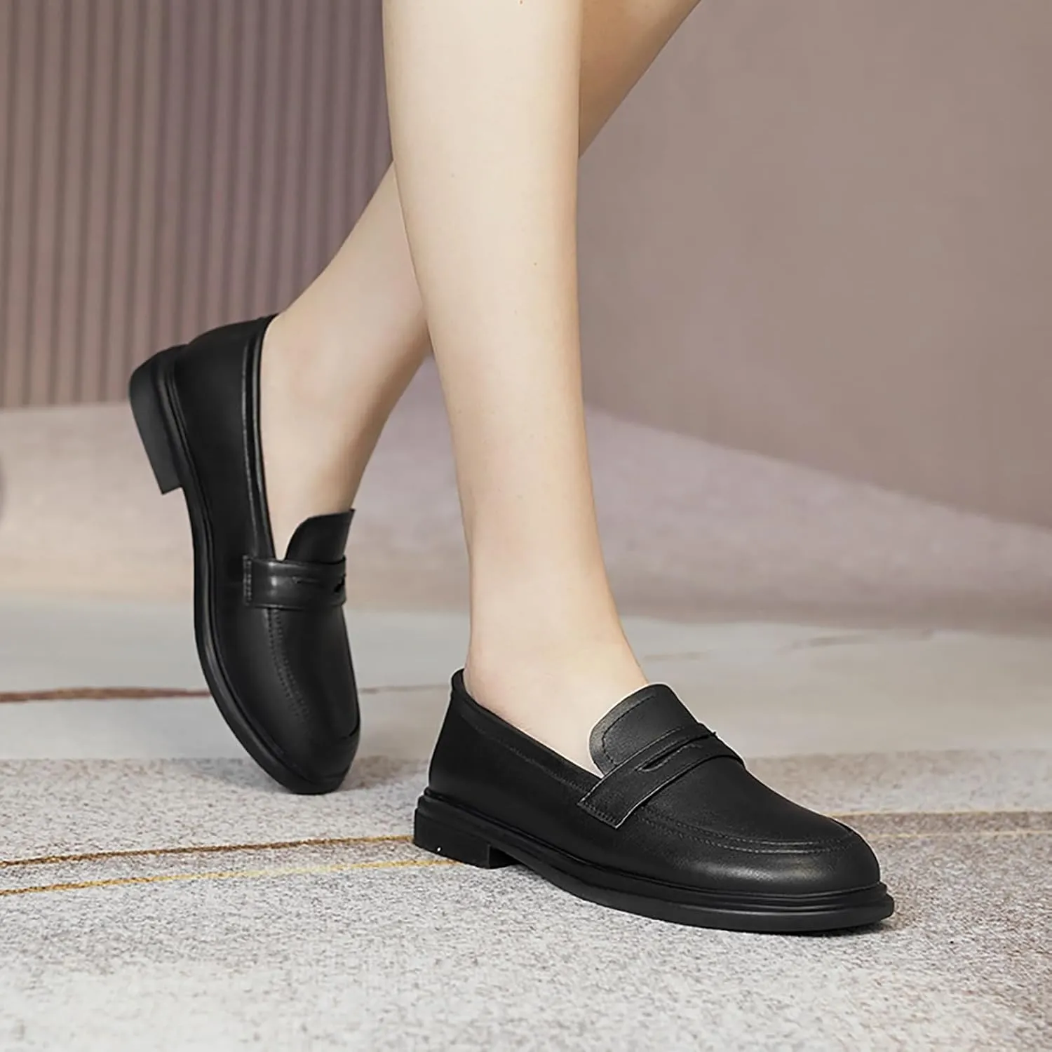 Women's Soft Leather Round Toe Flat Penny Loafers Slip-On Casual Comfortable Low Chunky Heel Work Office Dress Shoes