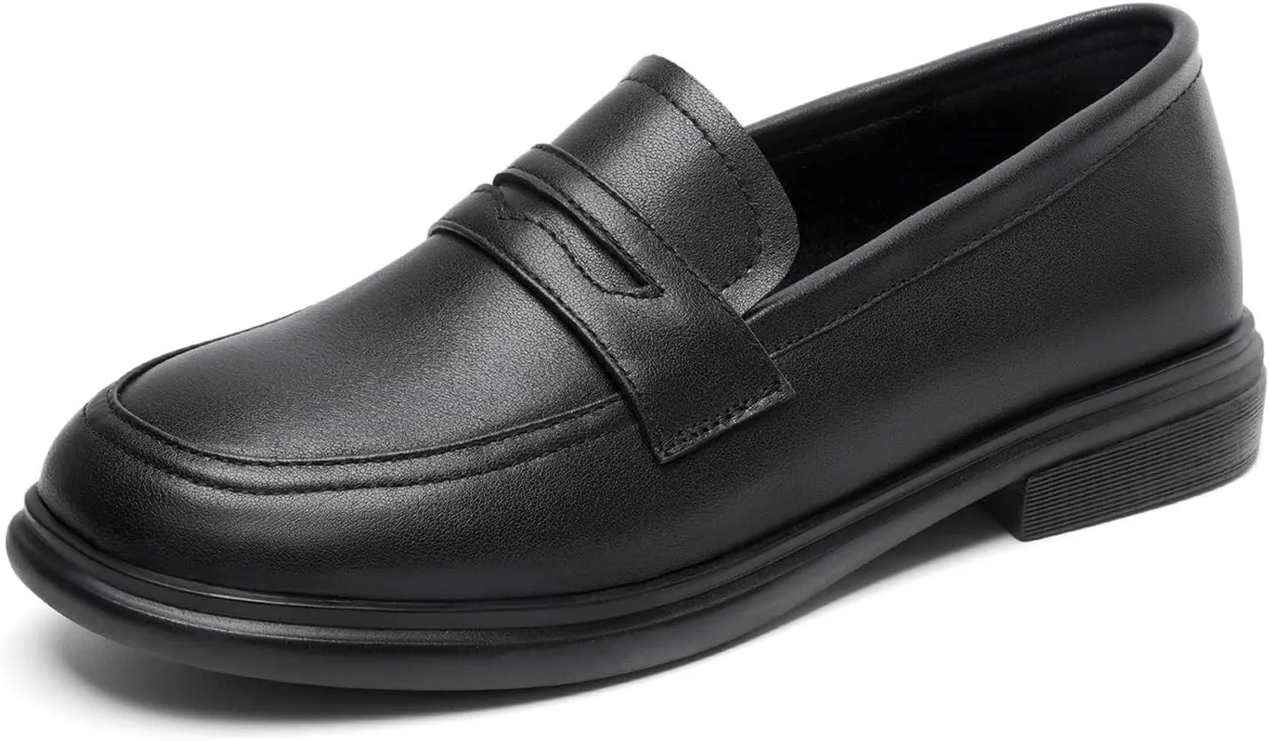 Women's Soft Leather Round Toe Flat Penny Loafers Slip-On Casual Comfortable Low Chunky Heel Work Office Dress Shoes