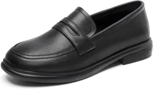 Women's Soft Leather Round Toe Flat Penny Loafers Slip-On Casual Comfortable Low Chunky Heel Work Office Dress Shoes