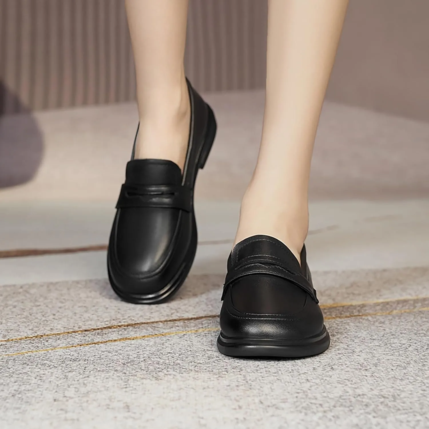 Women's Soft Leather Round Toe Flat Penny Loafers Slip-On Casual Comfortable Low Chunky Heel Work Office Dress Shoes