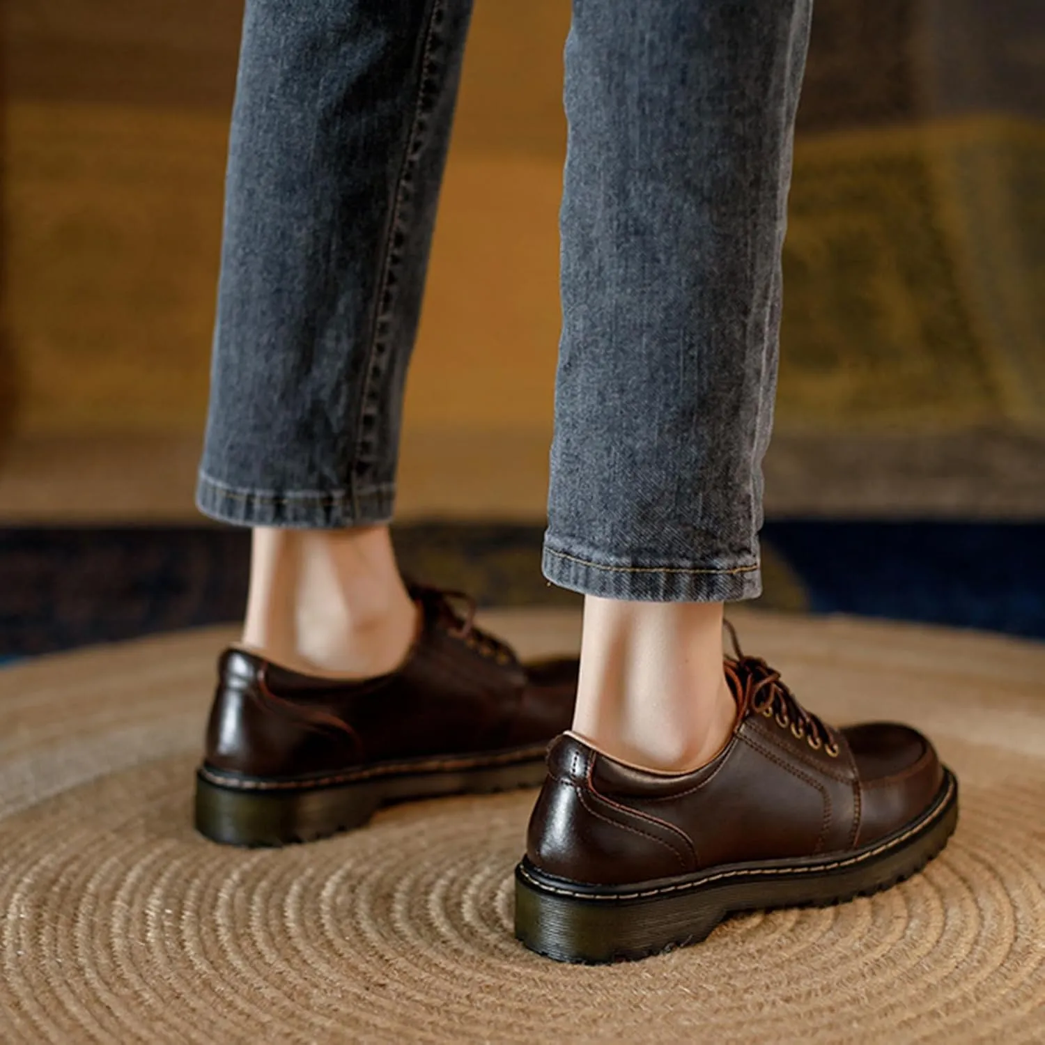 Women's Vintage College Style Loafers with Thick Sole and Comfortable Round Toe Strap, Soft Leather, Chunky Heel - Retro Loafers