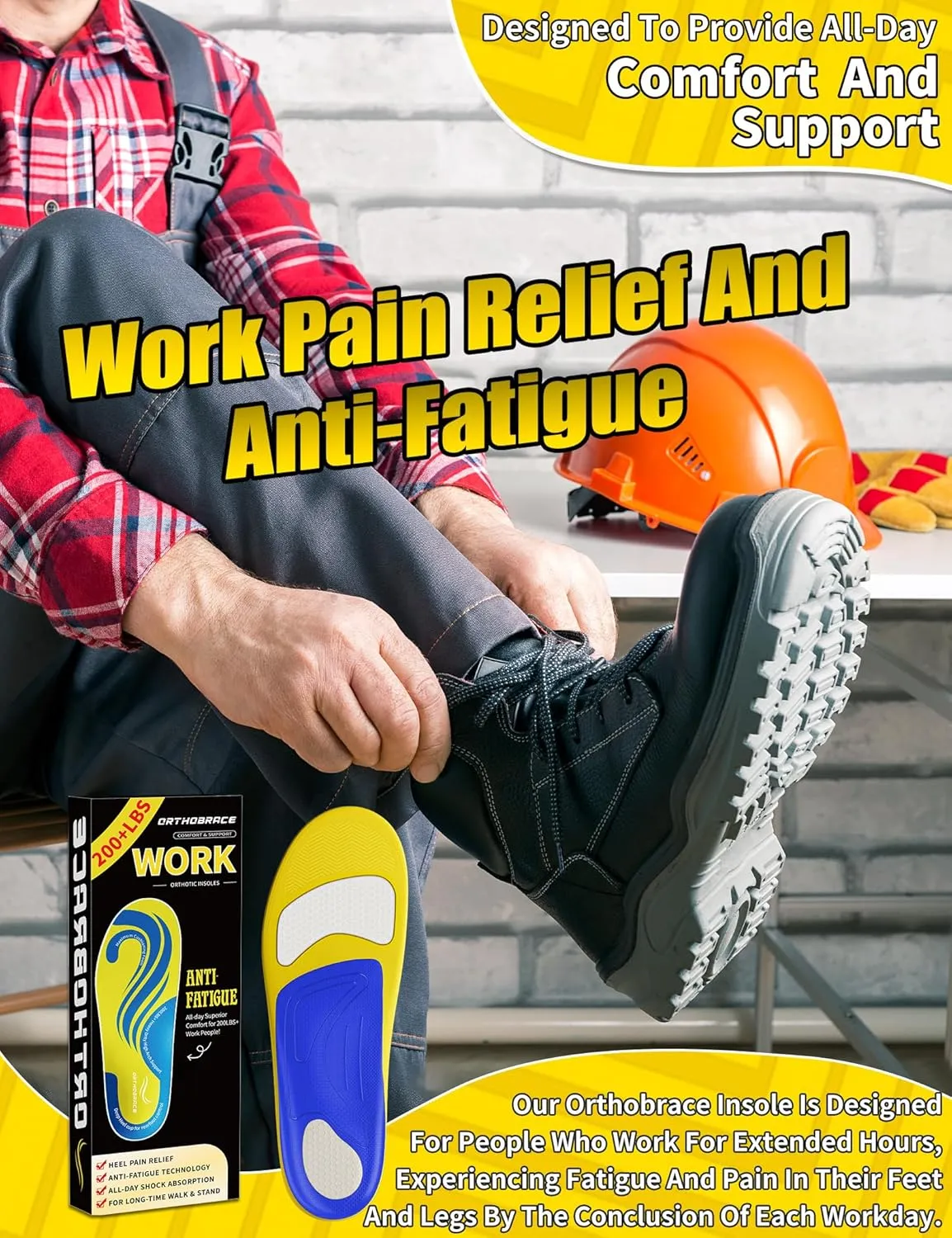 Work Insoles, 200 lbs Heavy Duty Medium and High Arch Support Inserts for Standing All Day, Foot Pain Relief for Plantar Fasciitis, Anti Fatigue,Work Boot Shoe Insoles Men Women-L