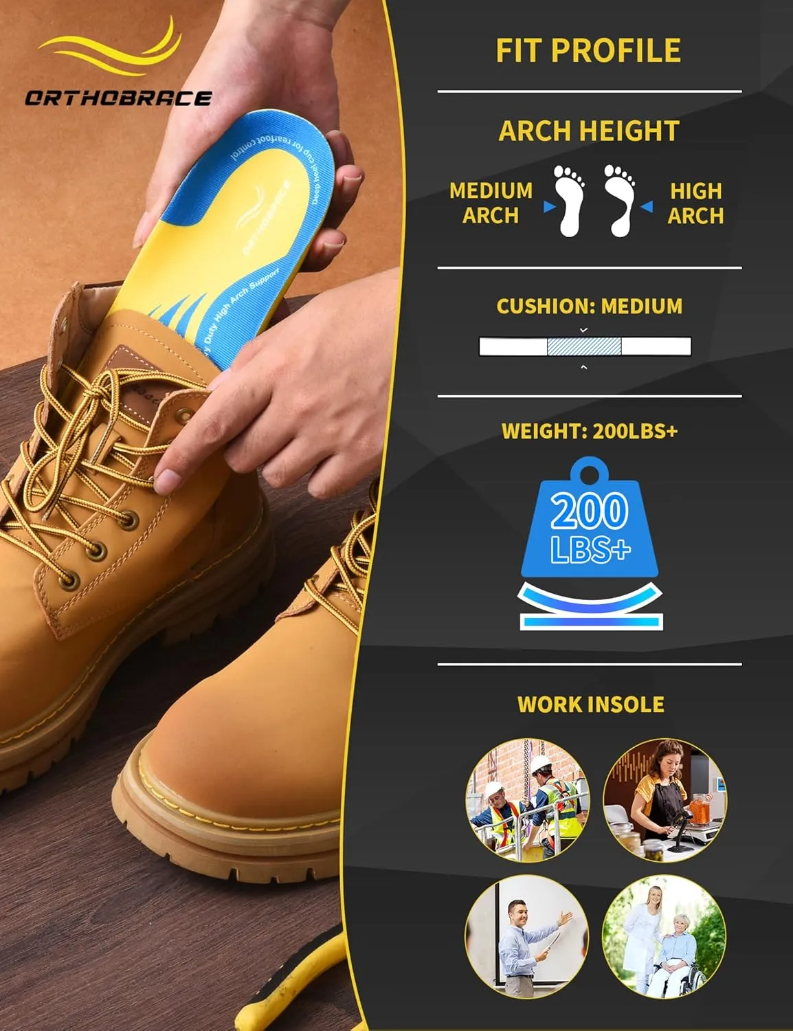 Work Insoles, 200 lbs Heavy Duty Medium and High Arch Support Inserts for Standing All Day, Foot Pain Relief for Plantar Fasciitis, Anti Fatigue,Work Boot Shoe Insoles Men Women-L