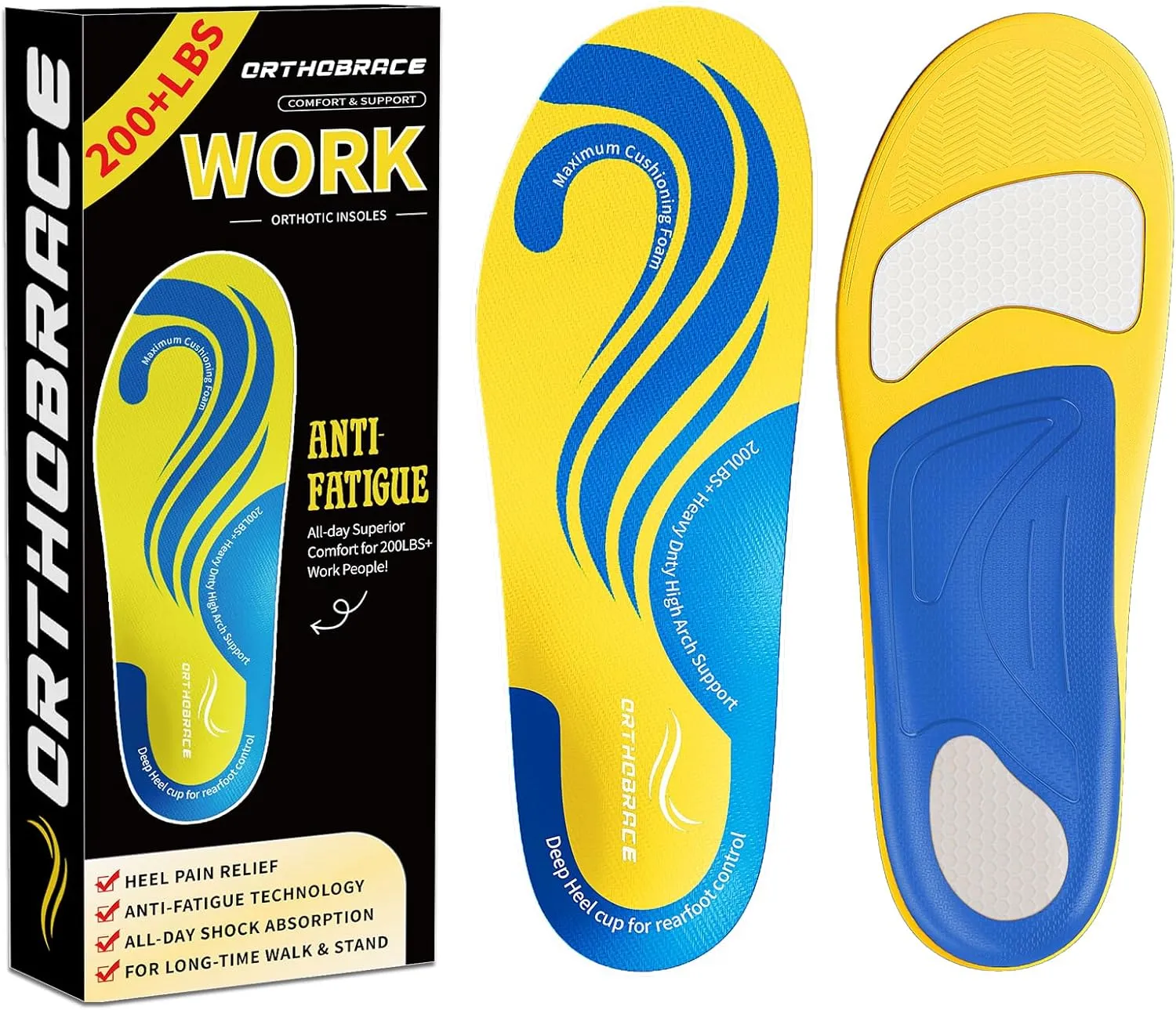 Work Insoles, 200 lbs Heavy Duty Medium and High Arch Support Inserts for Standing All Day, Foot Pain Relief for Plantar Fasciitis, Anti Fatigue,Work Boot Shoe Insoles Men Women-L