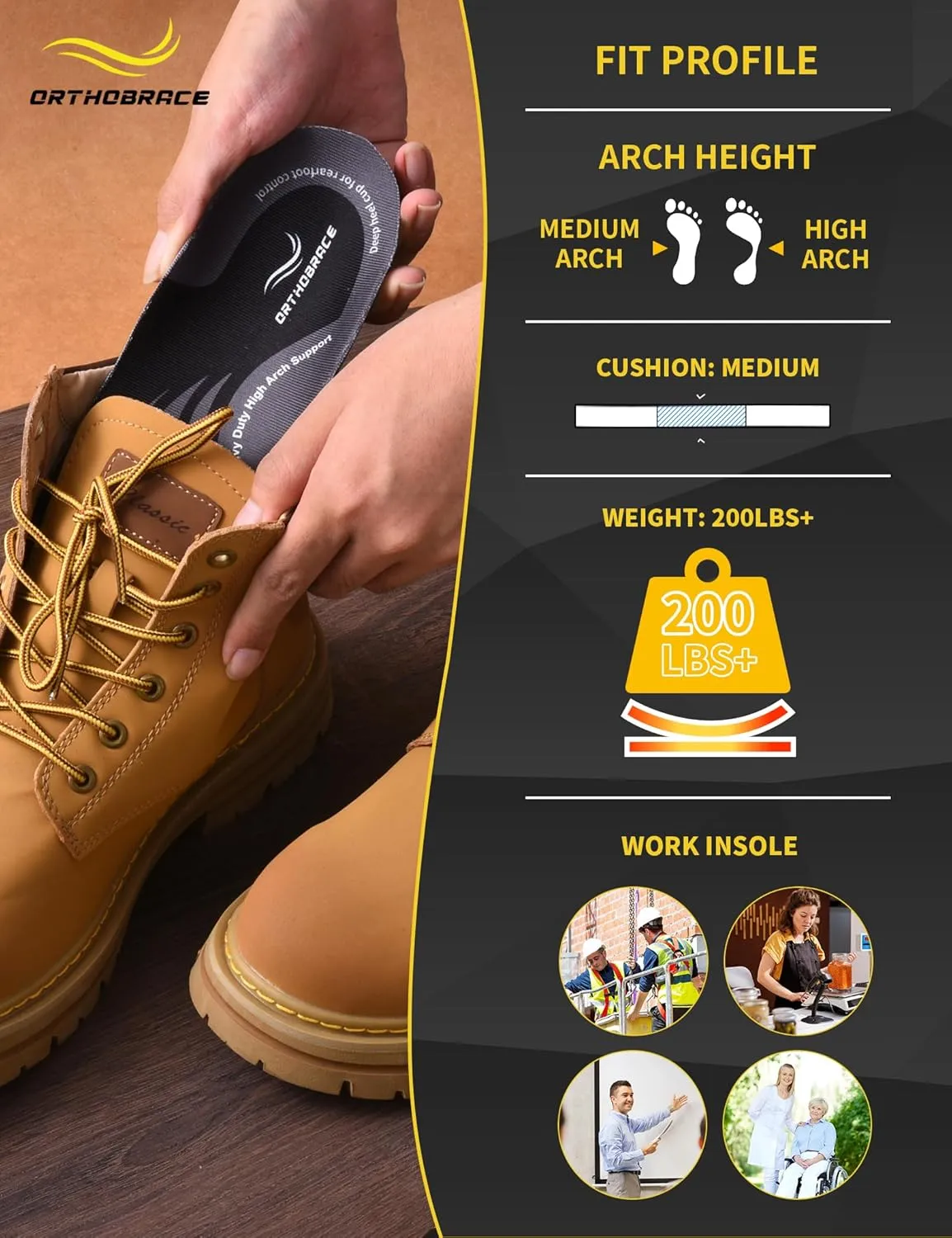 Work Insoles for Standing All Day, 200 lbs Heavy Duty High Arch Support Inserts, Foot Pain Relief for Plantar Fasciitis, Anti Fatigue,Work Boot Shoe Insoles Men Women-L