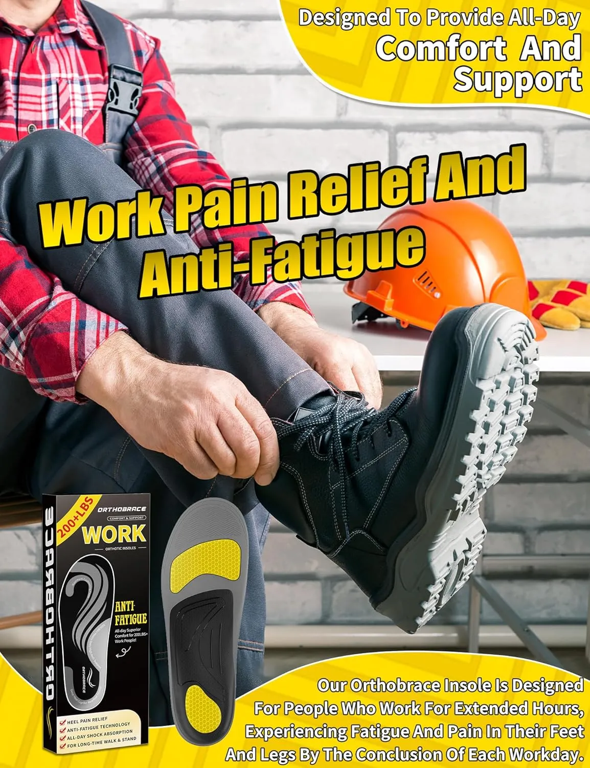 Work Insoles for Standing All Day, 200 lbs Heavy Duty High Arch Support Inserts, Foot Pain Relief for Plantar Fasciitis, Anti Fatigue,Work Boot Shoe Insoles Men Women-L